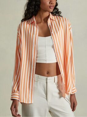 Alcott Linen Blend Striped Collar Button-Down Shirt - Orange & White Size Larhe